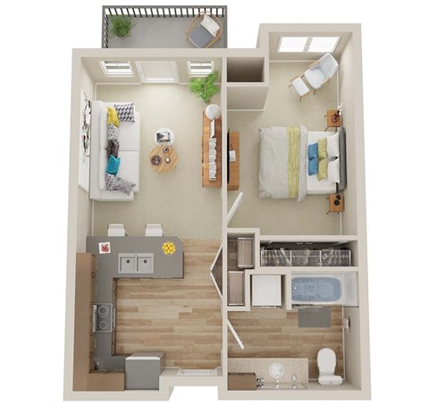 Floor plan for 1 bed, 1 bath, 610 sqft